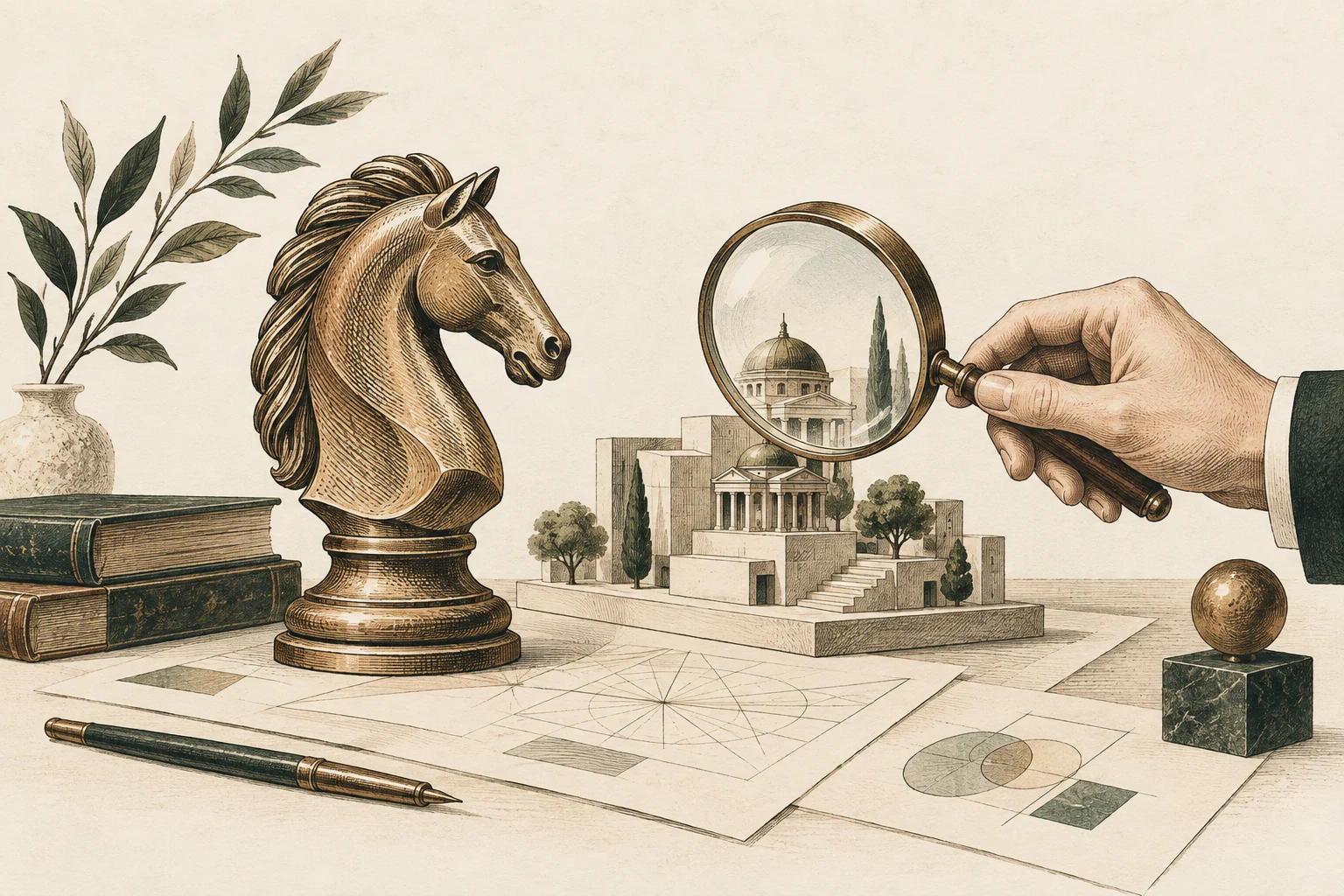 An engraved chess knight and a research model examined through a magnifying glass.