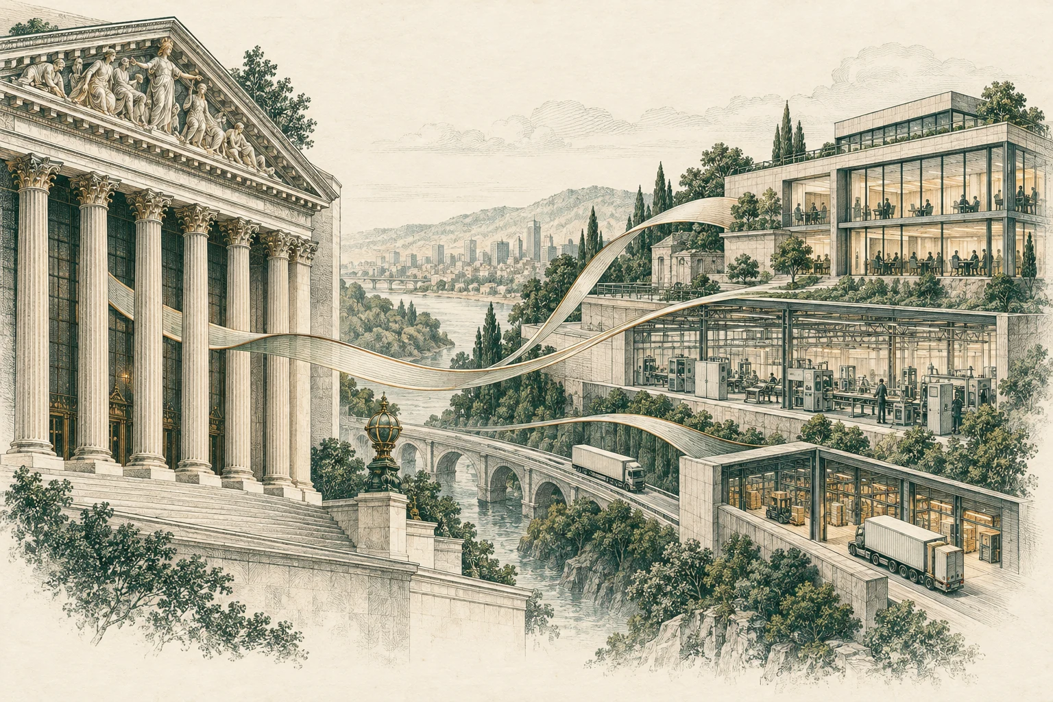 An engraved stock exchange connected with the factories, logistics and businesses behind public markets.