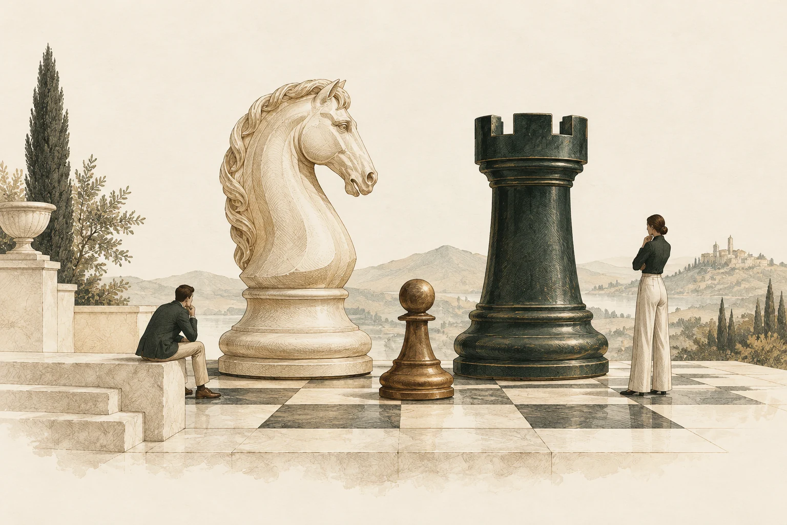 An editorial illustration of two people considering a knight, rook and pawn from different sides of a chessboard.
