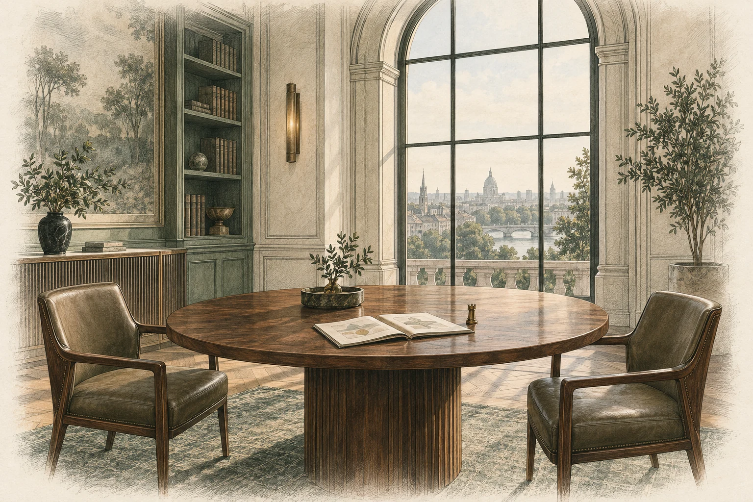 An engraved meeting room with two empty chairs, an open folio and a small bronze rook.