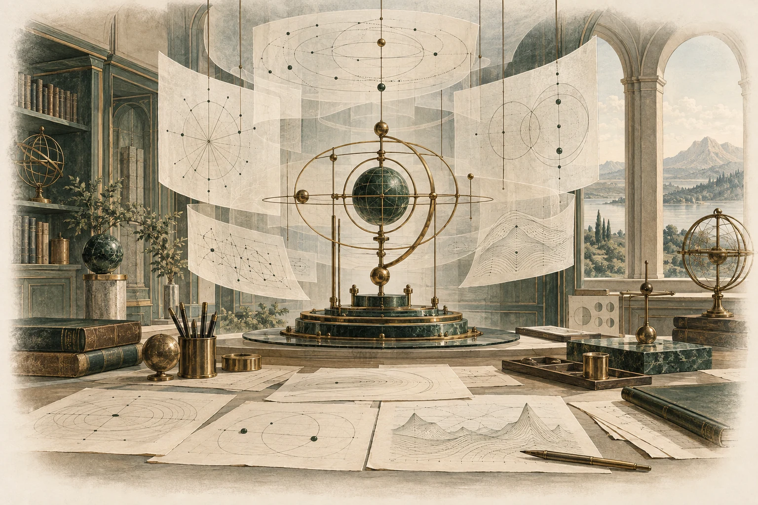 An engraved research observatory linking source papers, translucent analytical layers and a central precision instrument.